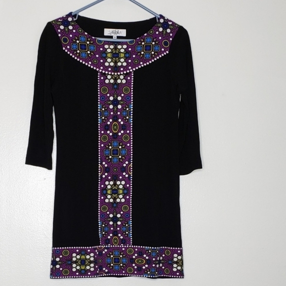 Tibi Jewel Panel Shift Dress Scuba Luxury Black Purple Mini - Picture 11 of 14